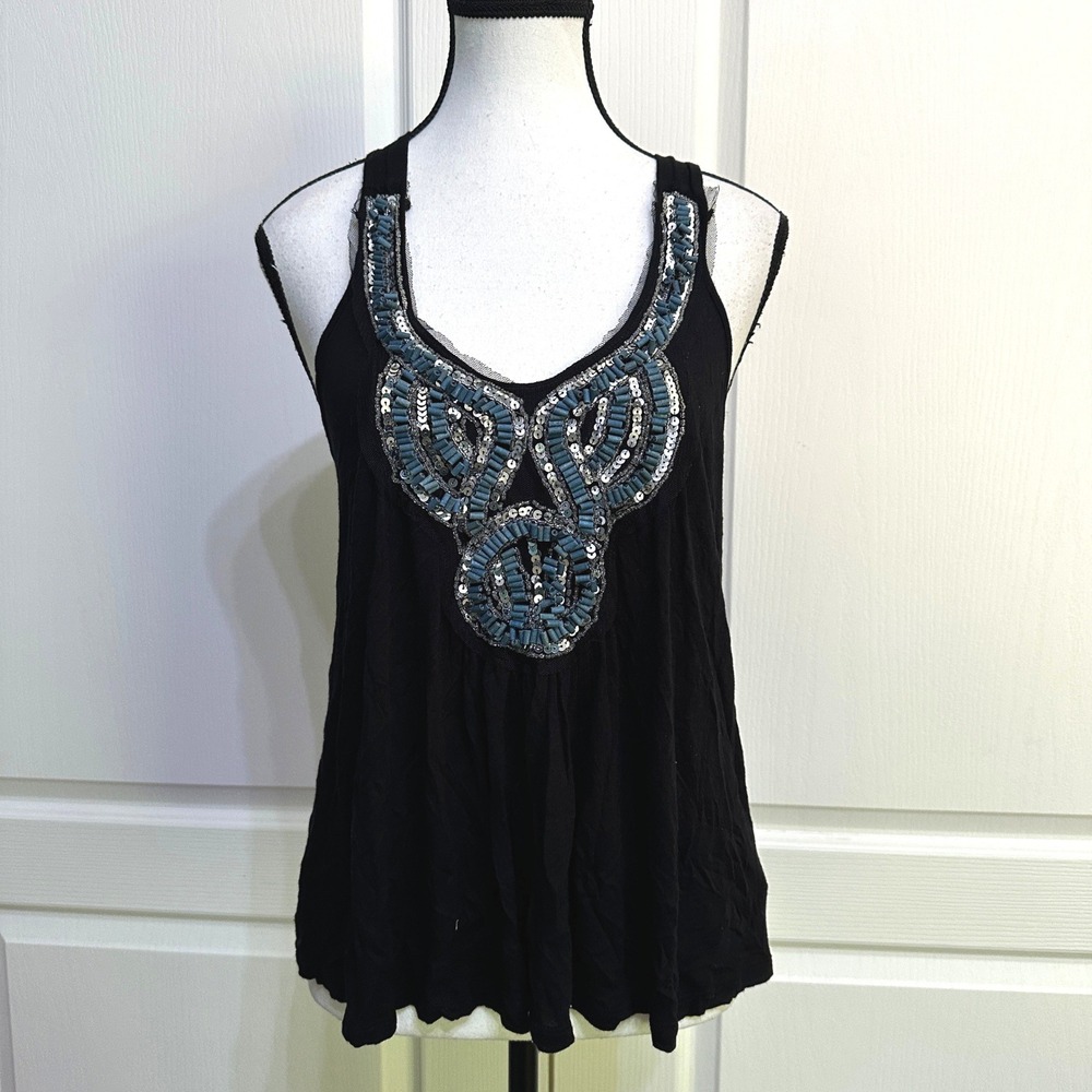 Y2K Charlotte Russe Beaded Sequin Racerback Tank Top M Black Boho Indie Sleaze